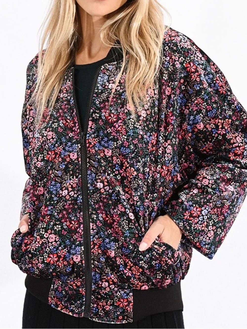 Molly Bracken Black Floral Velvet Bomber Jacket size XL
